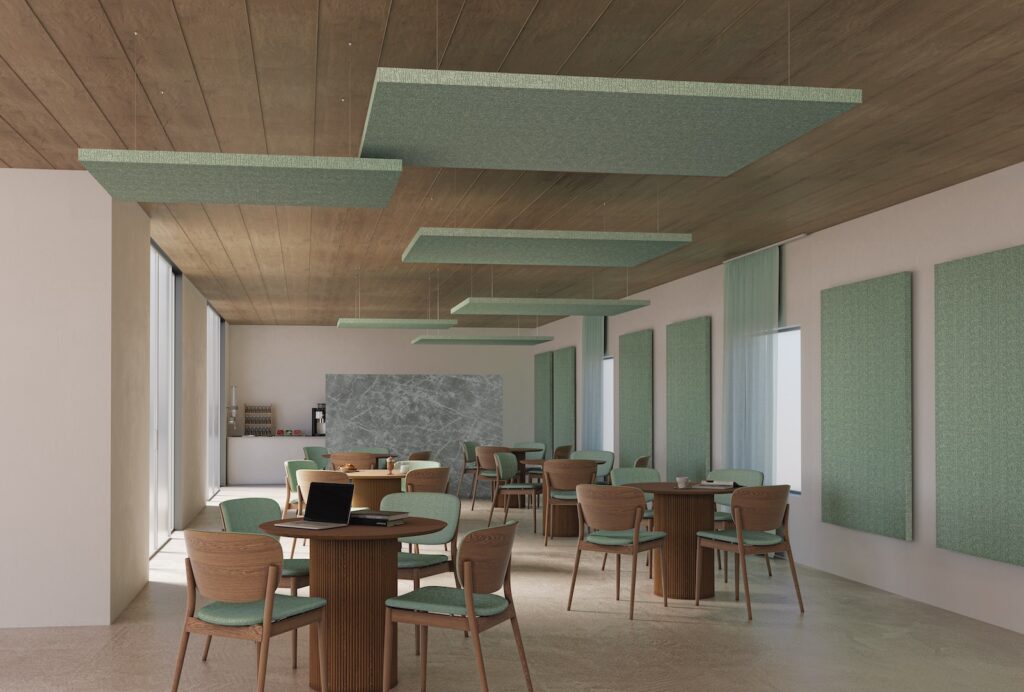 traitement acoustique d'une salle de restaurant, avec accord avec le mobilier